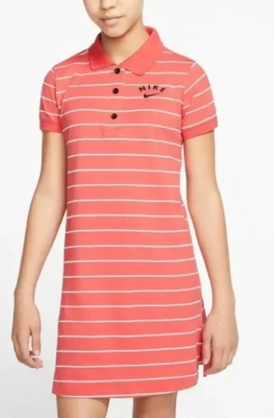 NIKE Girls Red White Stripe Short Sleeve Cotton Golf Polo Dress LARGE